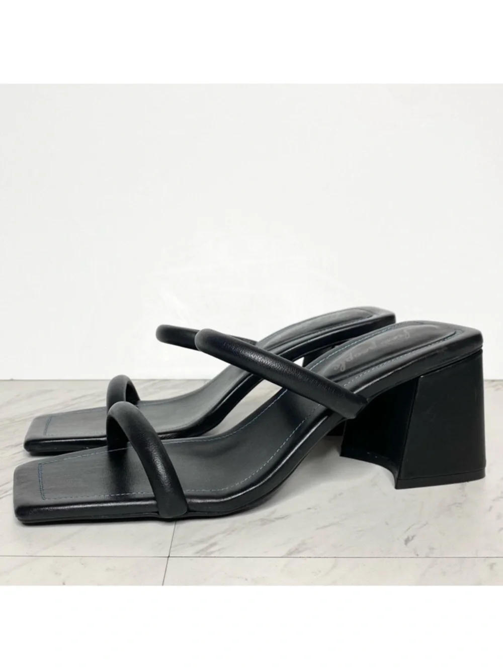 New! Free People Parker Double Strap Square Toe Black Leather Heeled Sandal 41